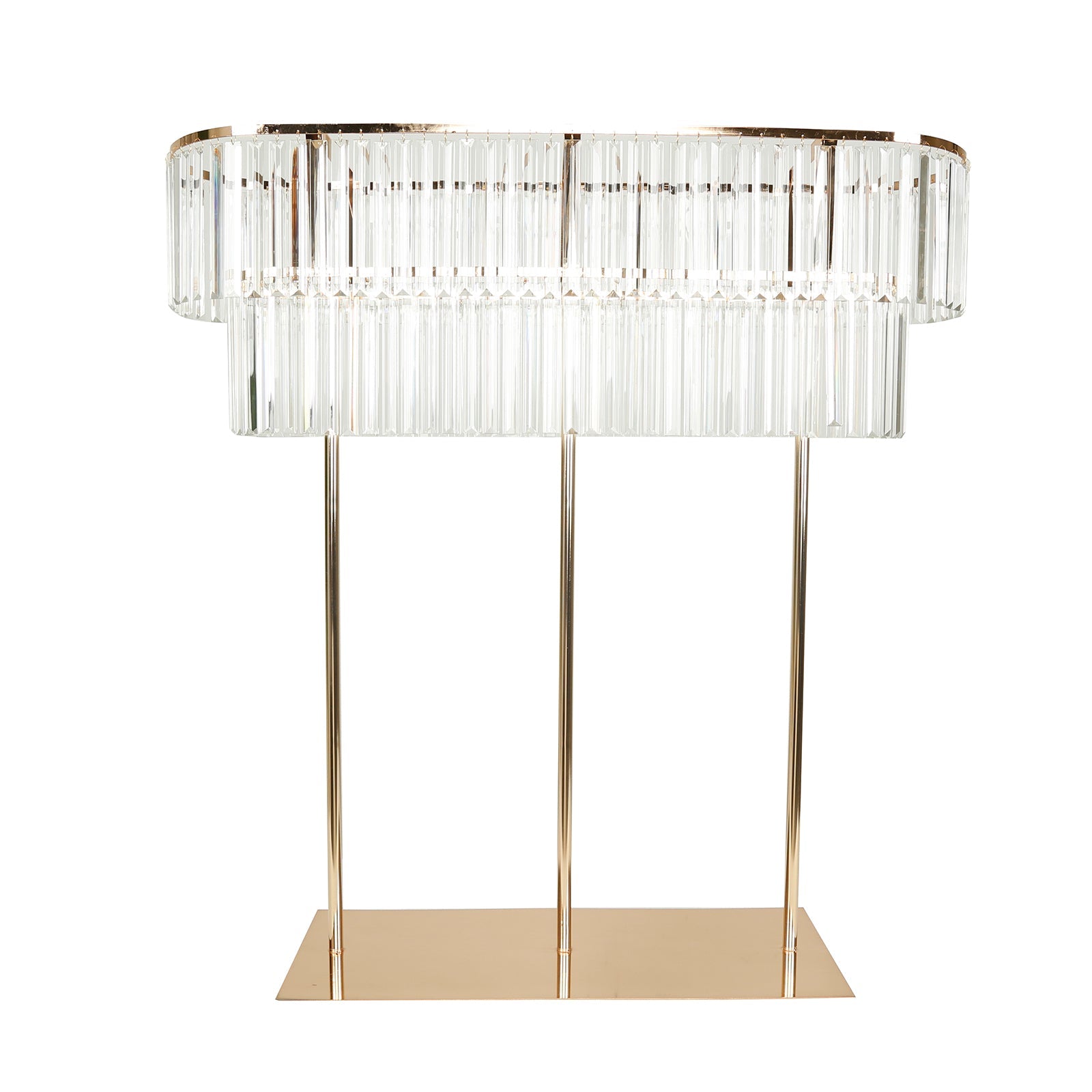 40"x40" Crystal Pendant 2-Tier Flower Stand – Gold Metal Table Centerpiece Pedestal with Drop Accents