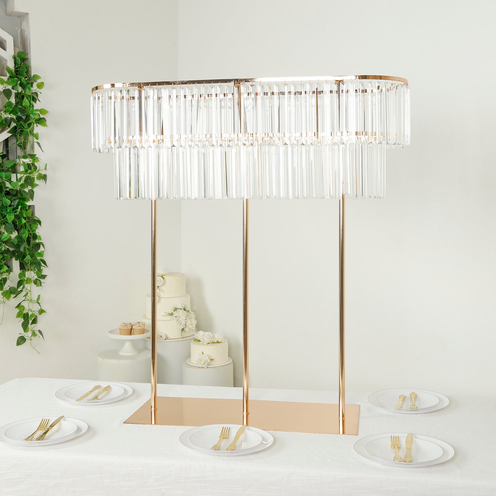 40"x40" Crystal Pendant 2-Tier Flower Stand – Gold Metal Table Centerpiece Pedestal with Drop Accents
