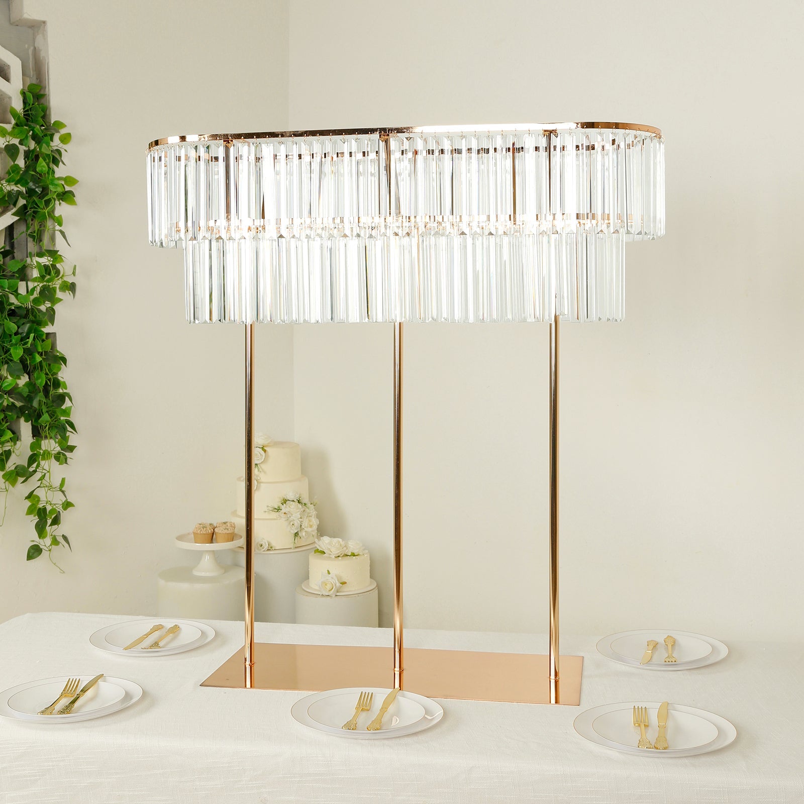 40"x40" Crystal Pendant 2-Tier Flower Stand – Gold Metal Table Centerpiece Pedestal with Drop Accents