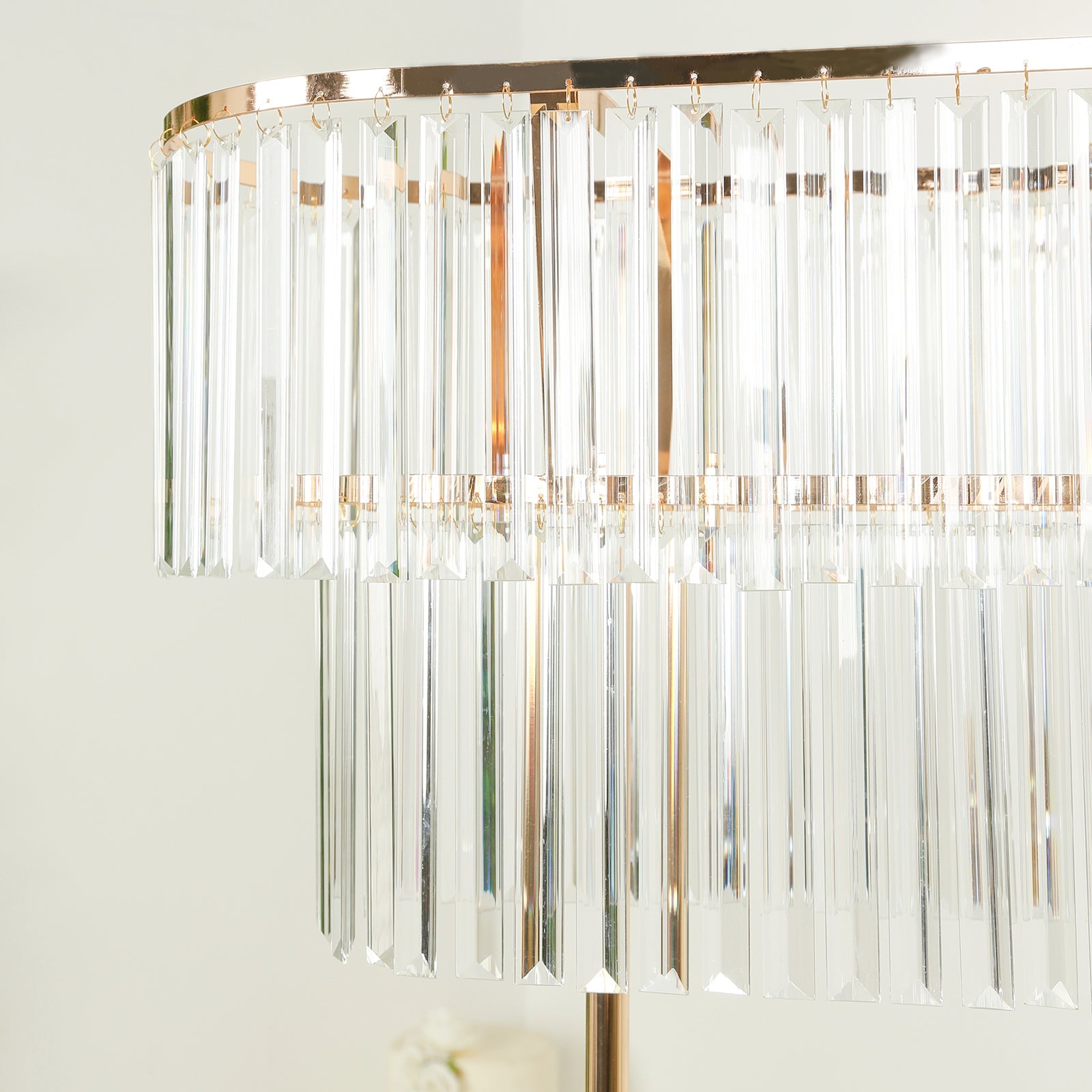 40"x40" Crystal Pendant 2-Tier Flower Stand – Gold Metal Table Centerpiece Pedestal with Drop Accents