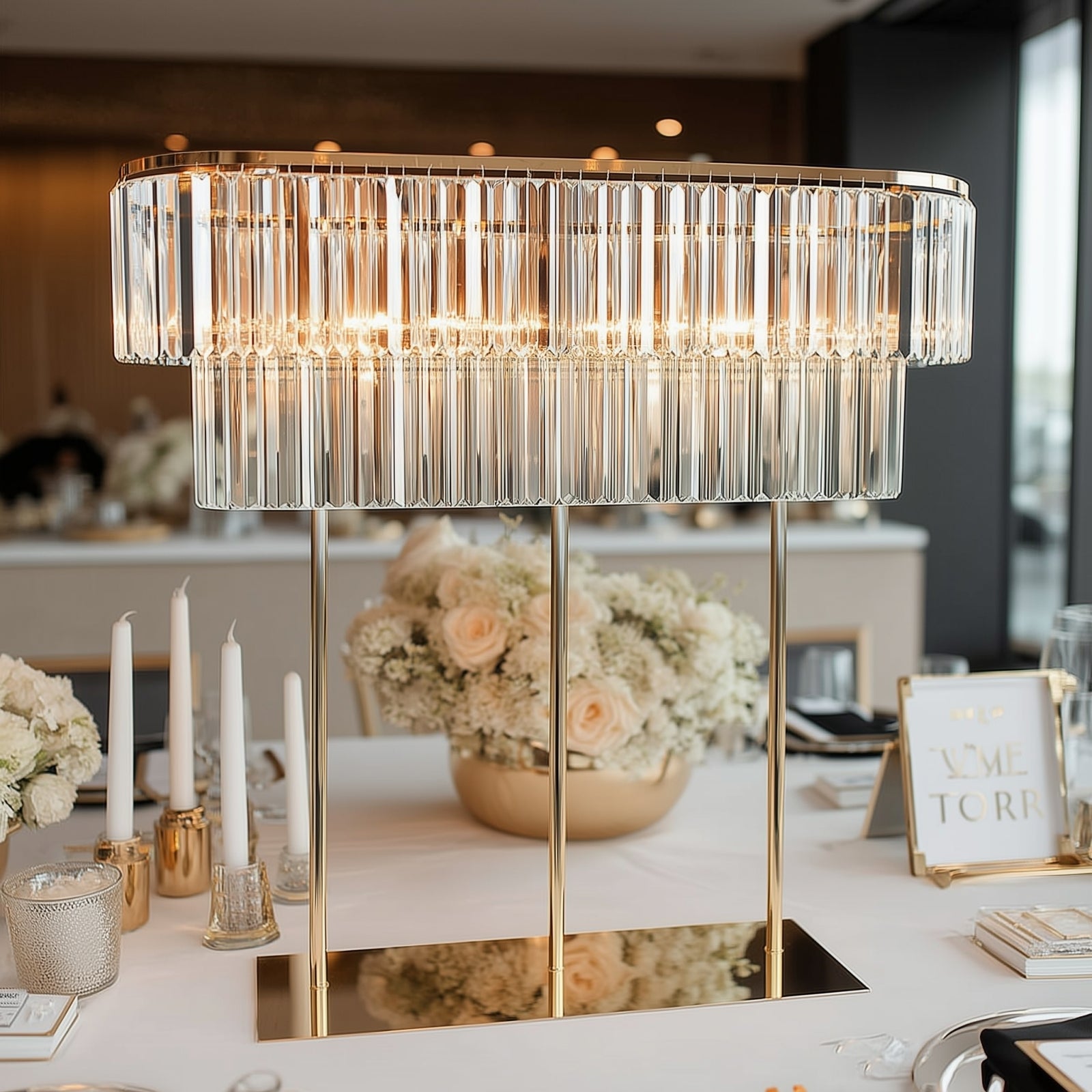 40"x40" Crystal Pendant 2-Tier Flower Stand – Gold Metal Table Centerpiece Pedestal with Drop Accents