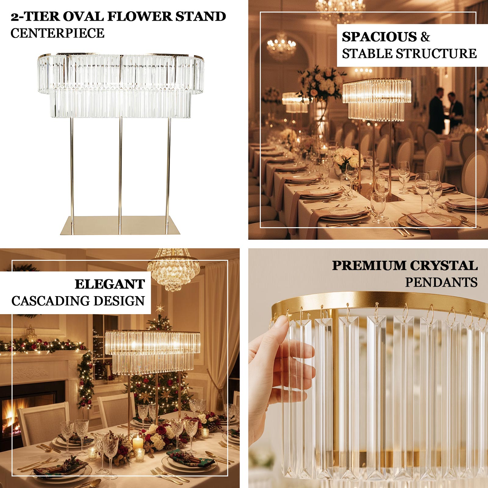 40"x40" Crystal Pendant 2-Tier Flower Stand – Gold Metal Table Centerpiece Pedestal with Drop Accents