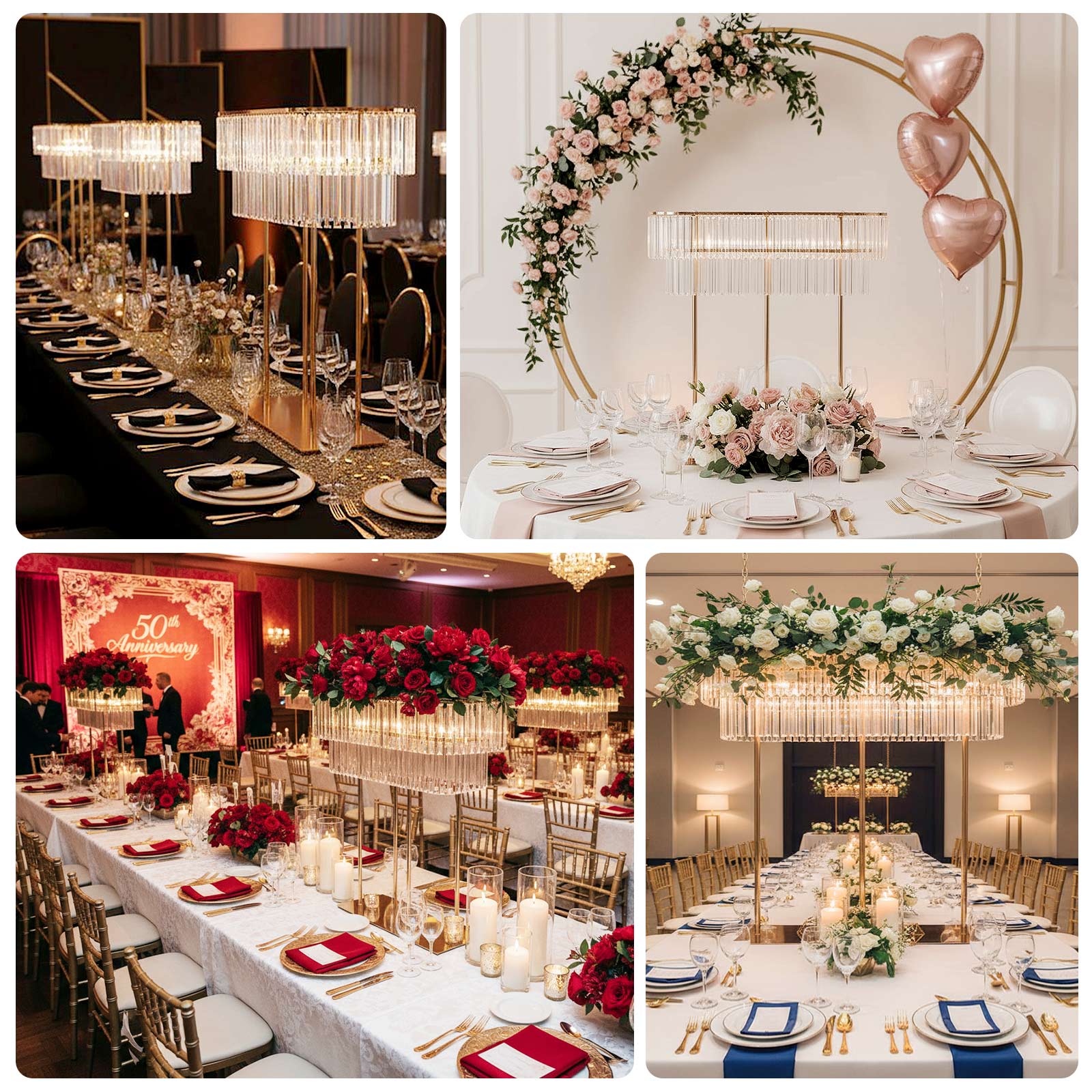 40"x40" Crystal Pendant 2-Tier Flower Stand – Gold Metal Table Centerpiece Pedestal with Drop Accents