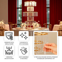 40" Crystal Pendant Table Centerpiece in 5-Tier Gold, Round Flower Stand Metal Vase Chandelier with Hanging Crystals