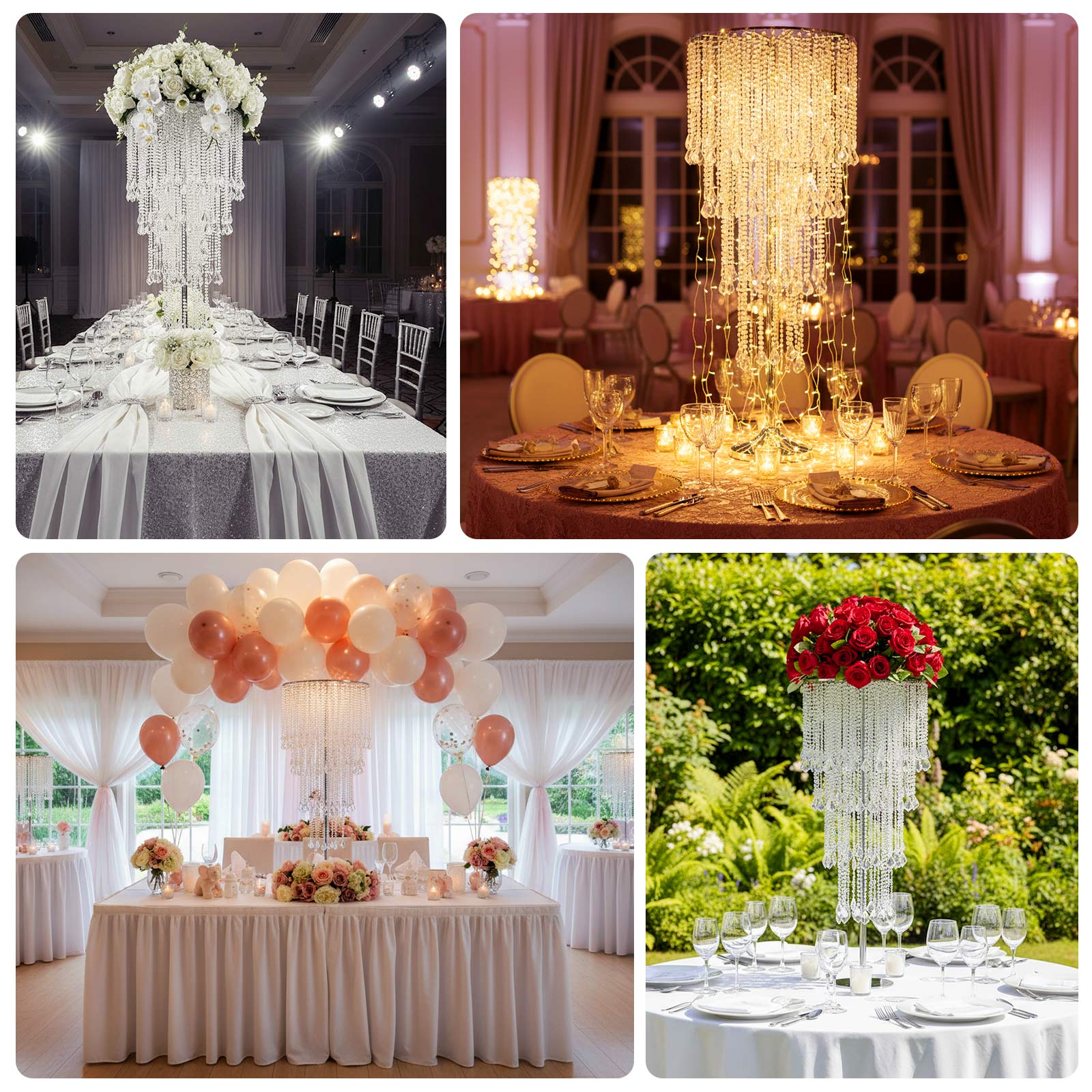 4ft Table Centerpiece in Crystal Beaded Waterfall Chandelier Style – Cascading Metal Floral Stand for Weddings & Luxury Event Décor