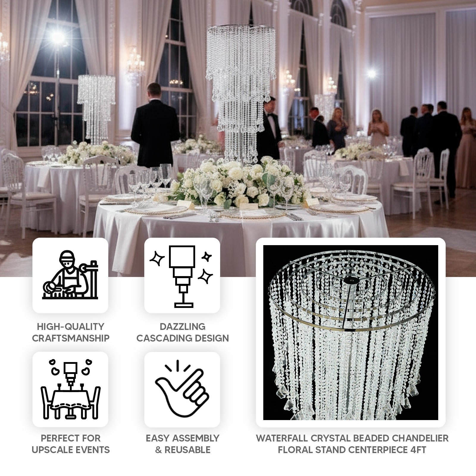 4ft Table Centerpiece in Crystal Beaded Waterfall Chandelier Style – Cascading Metal Floral Stand for Weddings & Luxury Event Décor