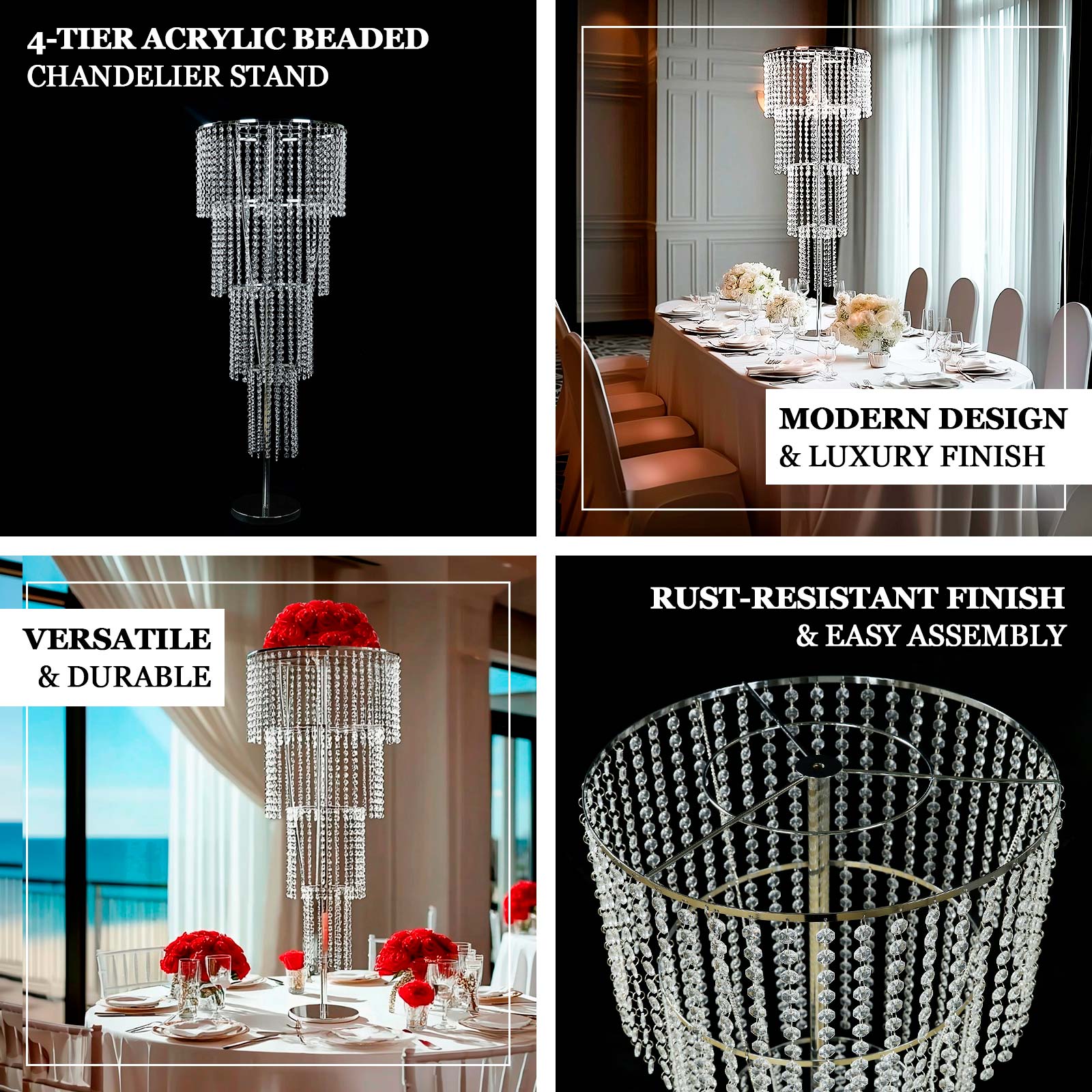 4ft Tall Event Centerpiece in Acrylic Clear Beaded Chandelier for Elegant Wedding & Party Table Decor, 4-Tier Round Metal Floral Stand