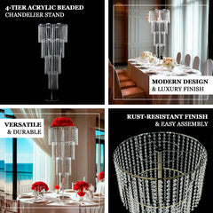 4ft Tall Event Centerpiece in Acrylic Clear Beaded Chandelier for Elegant Wedding & Party Table Decor, 4-Tier Round Metal Floral Stand