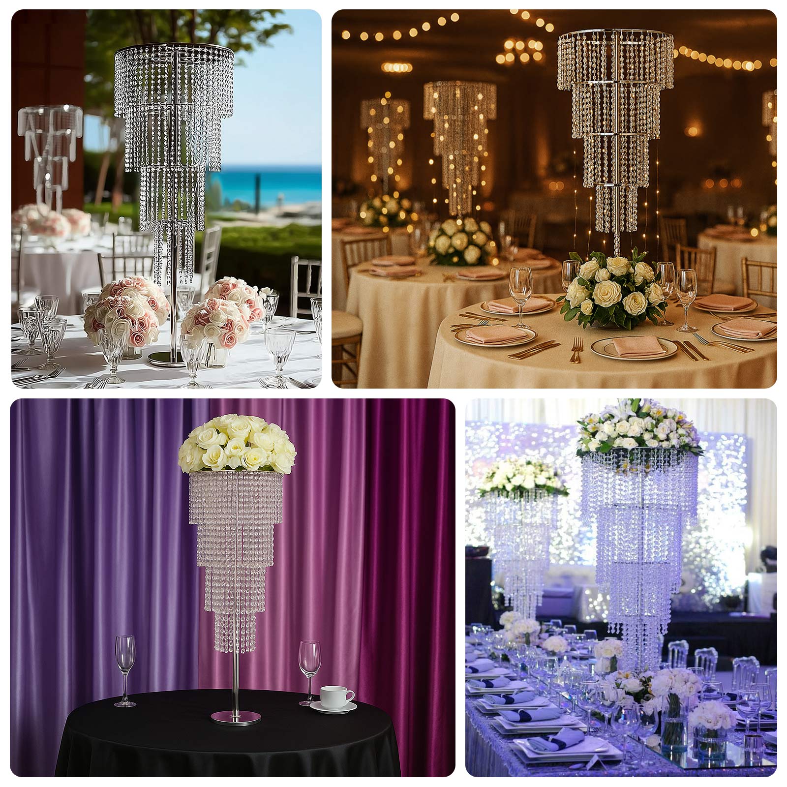 4ft Tall Event Centerpiece in Acrylic Clear Beaded Chandelier for Elegant Wedding & Party Table Decor, 4-Tier Round Metal Floral Stand