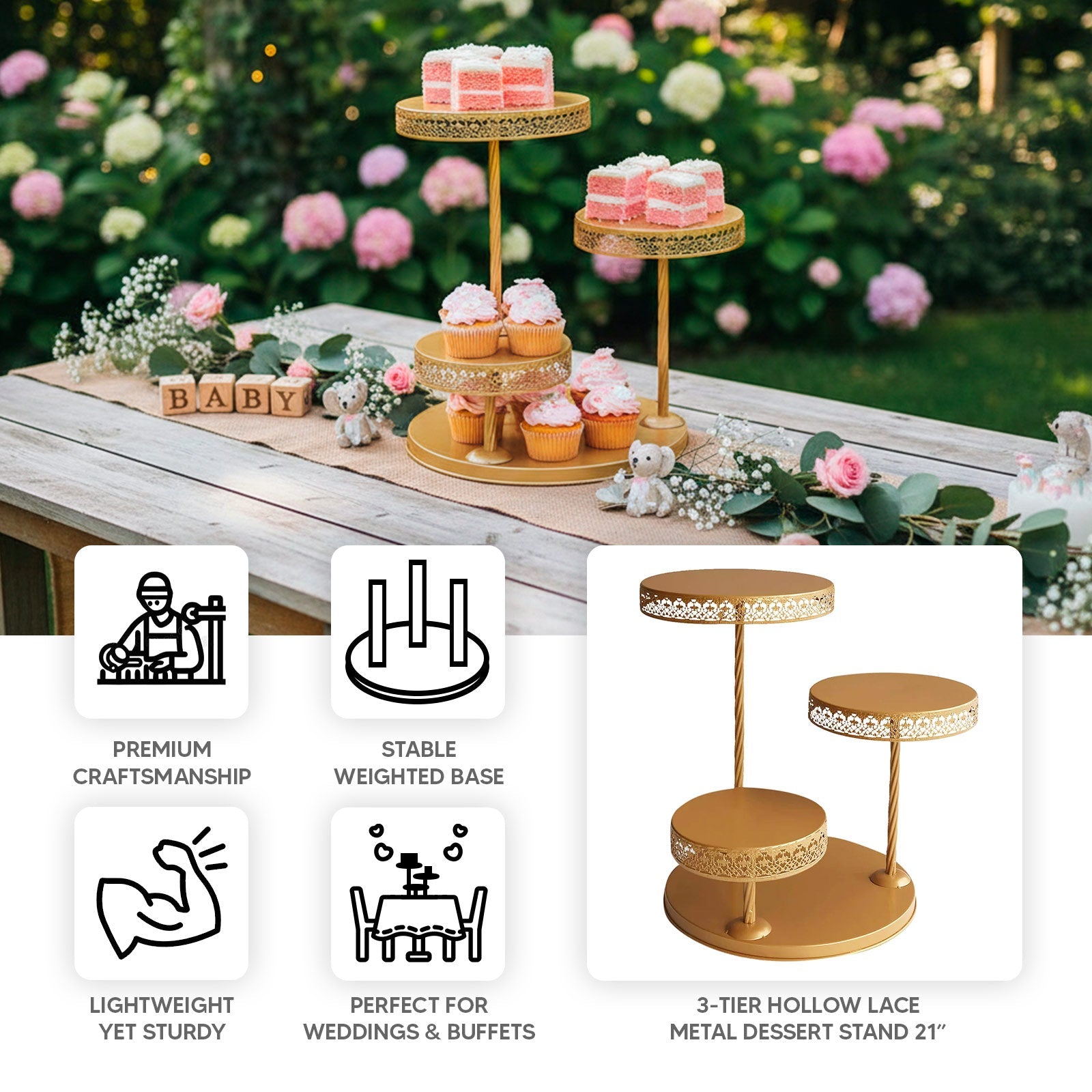 3-Tier Dessert Stand Hollow Lace Round Design Gold - Cupcake Tower and Tiered Cake Display Metal 21"