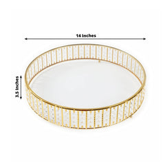 14" Round Gold Cake Stand with Hanging Crystal Beads and Glass Top – Metal Dessert Display Tray