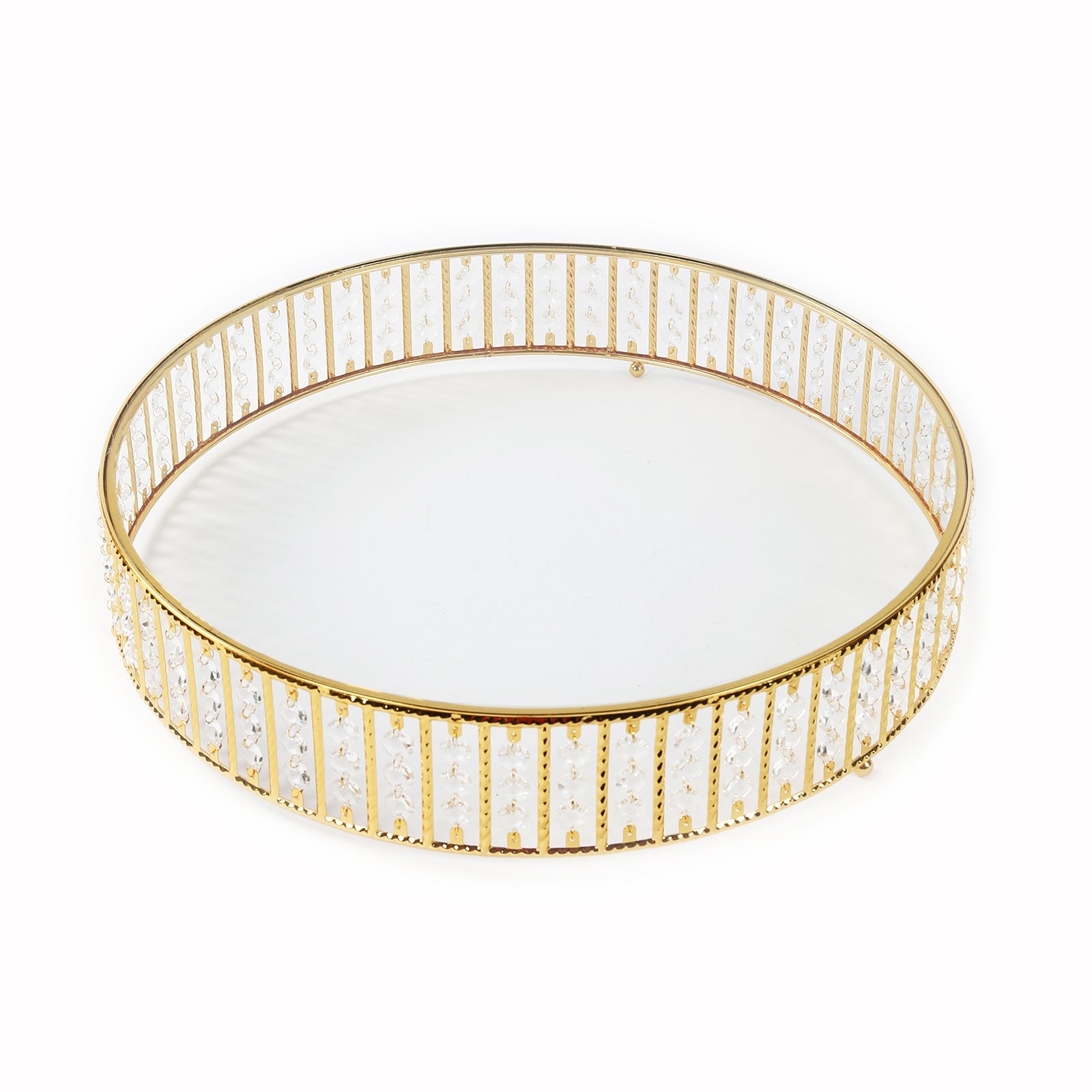 14" Round Gold Cake Stand with Hanging Crystal Beads and Glass Top – Metal Dessert Display Tray