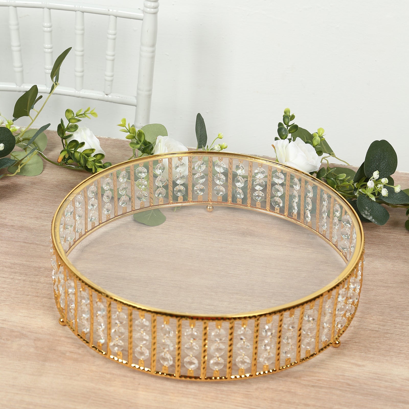 14" Round Gold Cake Stand with Hanging Crystal Beads and Glass Top – Metal Dessert Display Tray