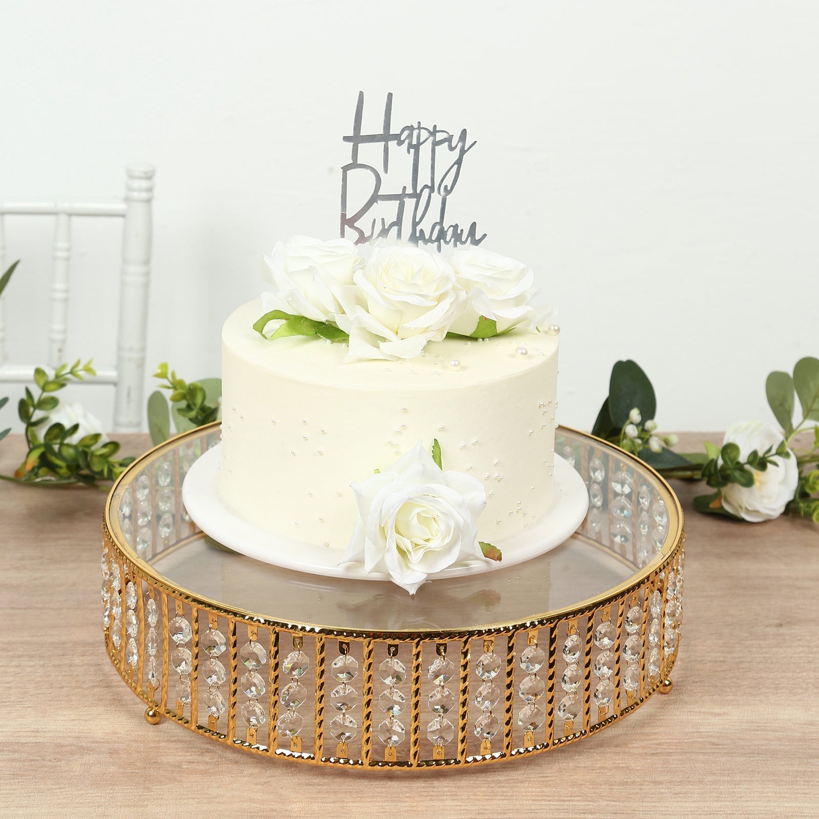 14" Round Gold Cake Stand with Hanging Crystal Beads and Glass Top – Metal Dessert Display Tray