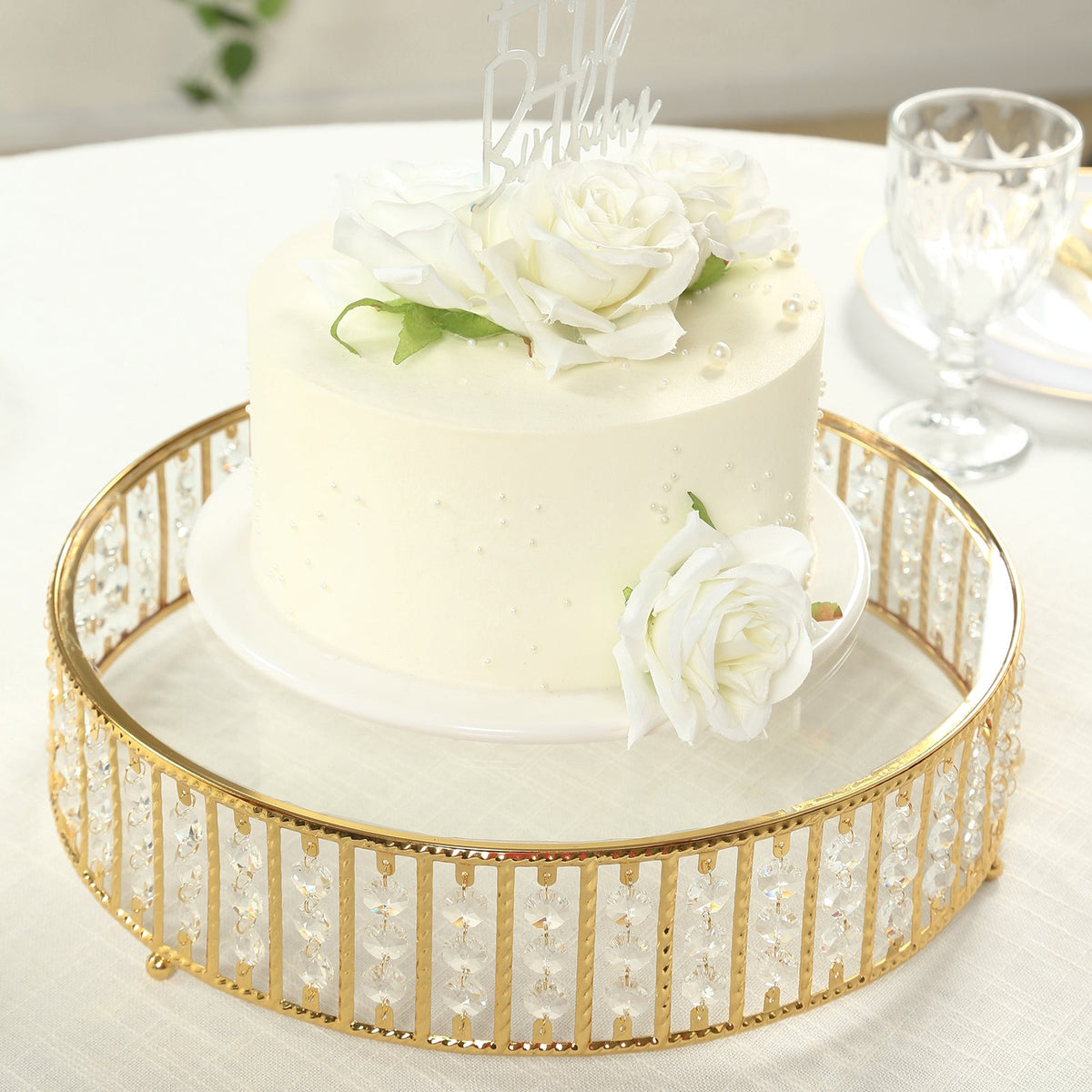 14" Round Gold Cake Stand with Hanging Crystal Beads and Glass Top – Metal Dessert Display Tray