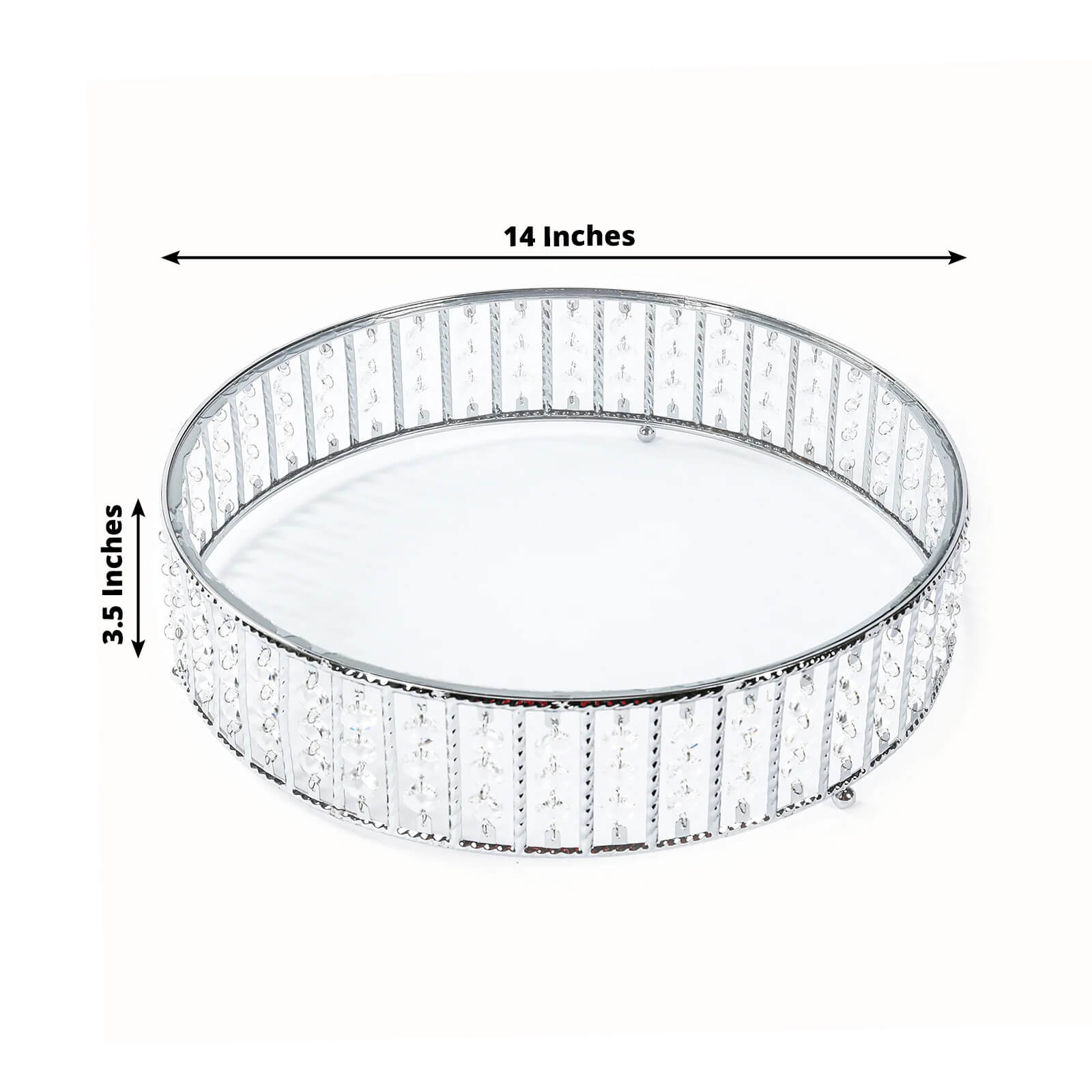 14" Round Silver Cake Stand with Hanging Crystal Beads and Glass Top – Metal Dessert Display Tray