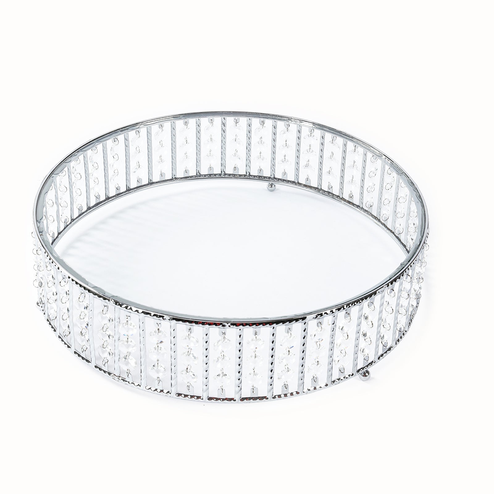 14" Round Silver Cake Stand with Hanging Crystal Beads and Glass Top – Metal Dessert Display Tray
