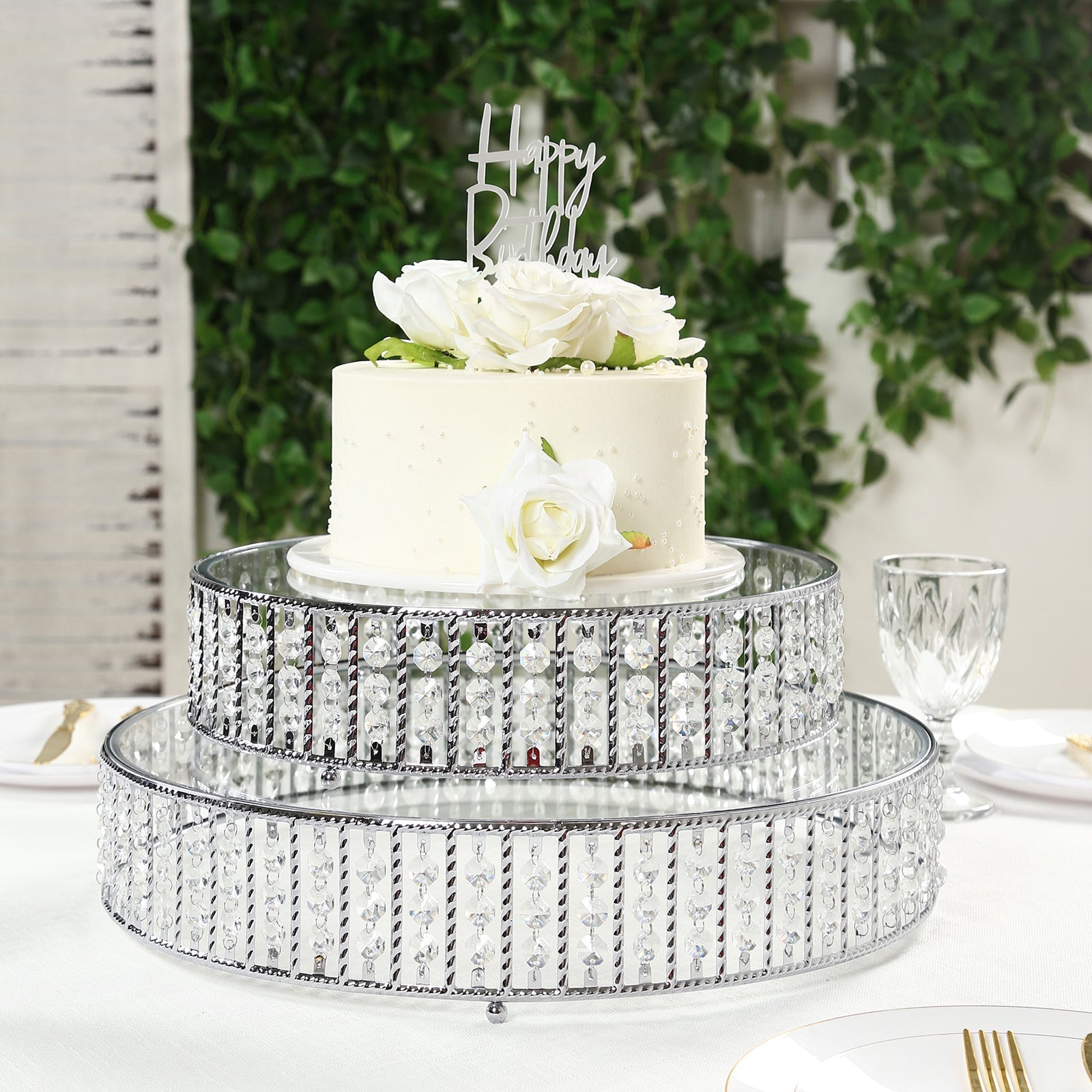 14" Round Silver Cake Stand with Hanging Crystal Beads and Glass Top – Metal Dessert Display Tray