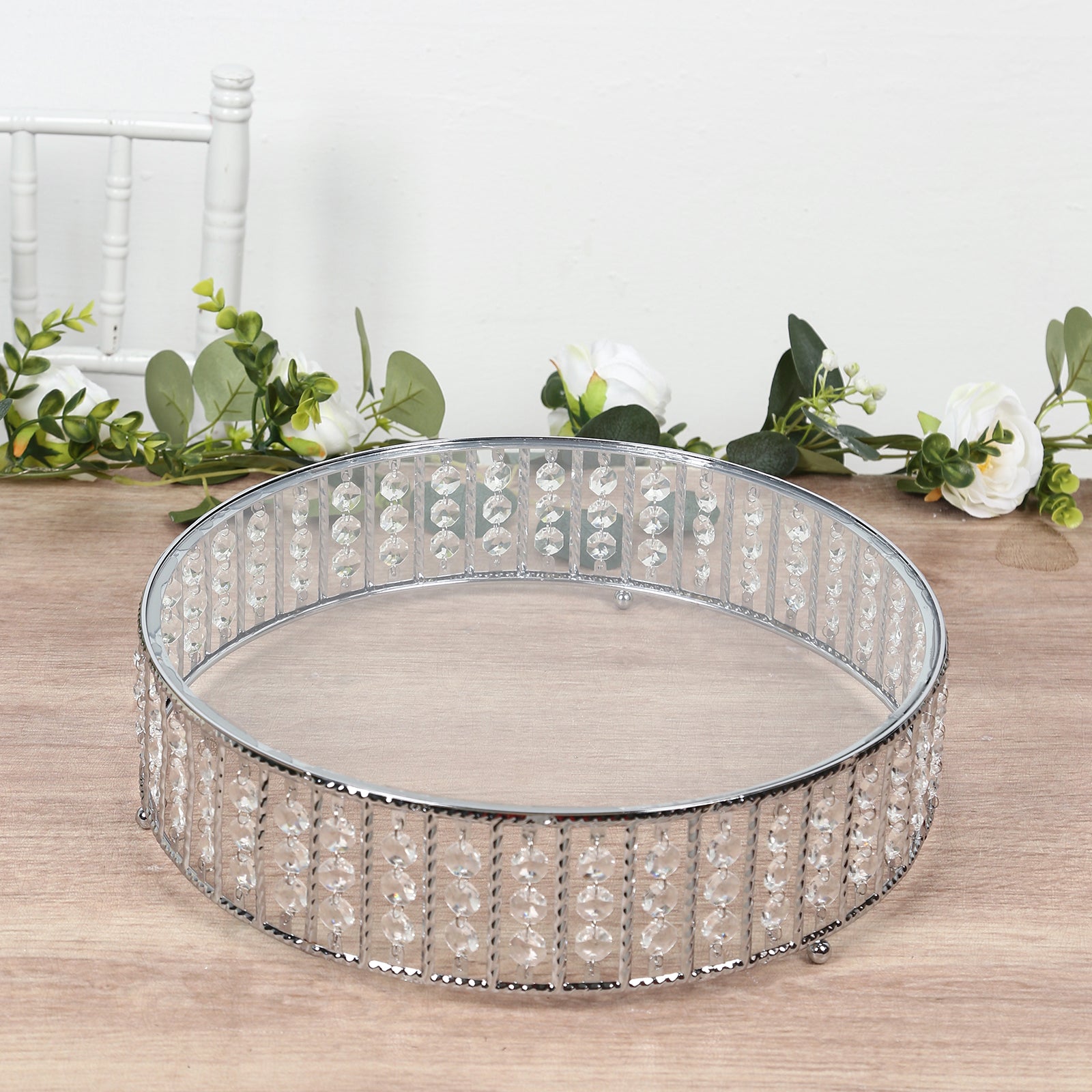 14" Round Silver Cake Stand with Hanging Crystal Beads and Glass Top – Metal Dessert Display Tray