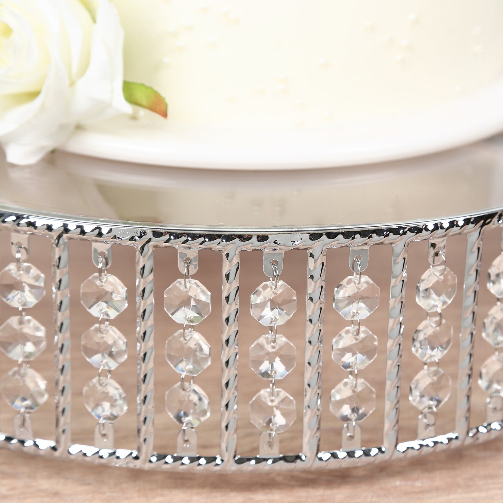14" Round Silver Cake Stand with Hanging Crystal Beads and Glass Top – Metal Dessert Display Tray