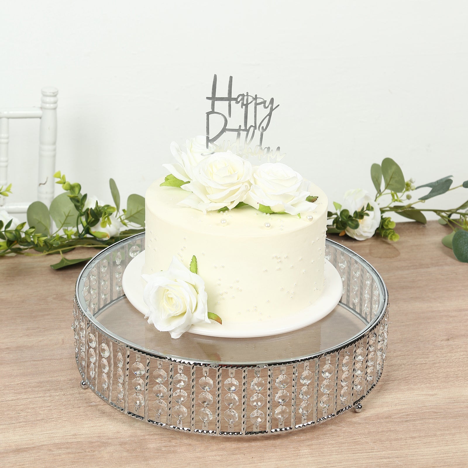 14" Round Silver Cake Stand with Hanging Crystal Beads and Glass Top – Metal Dessert Display Tray