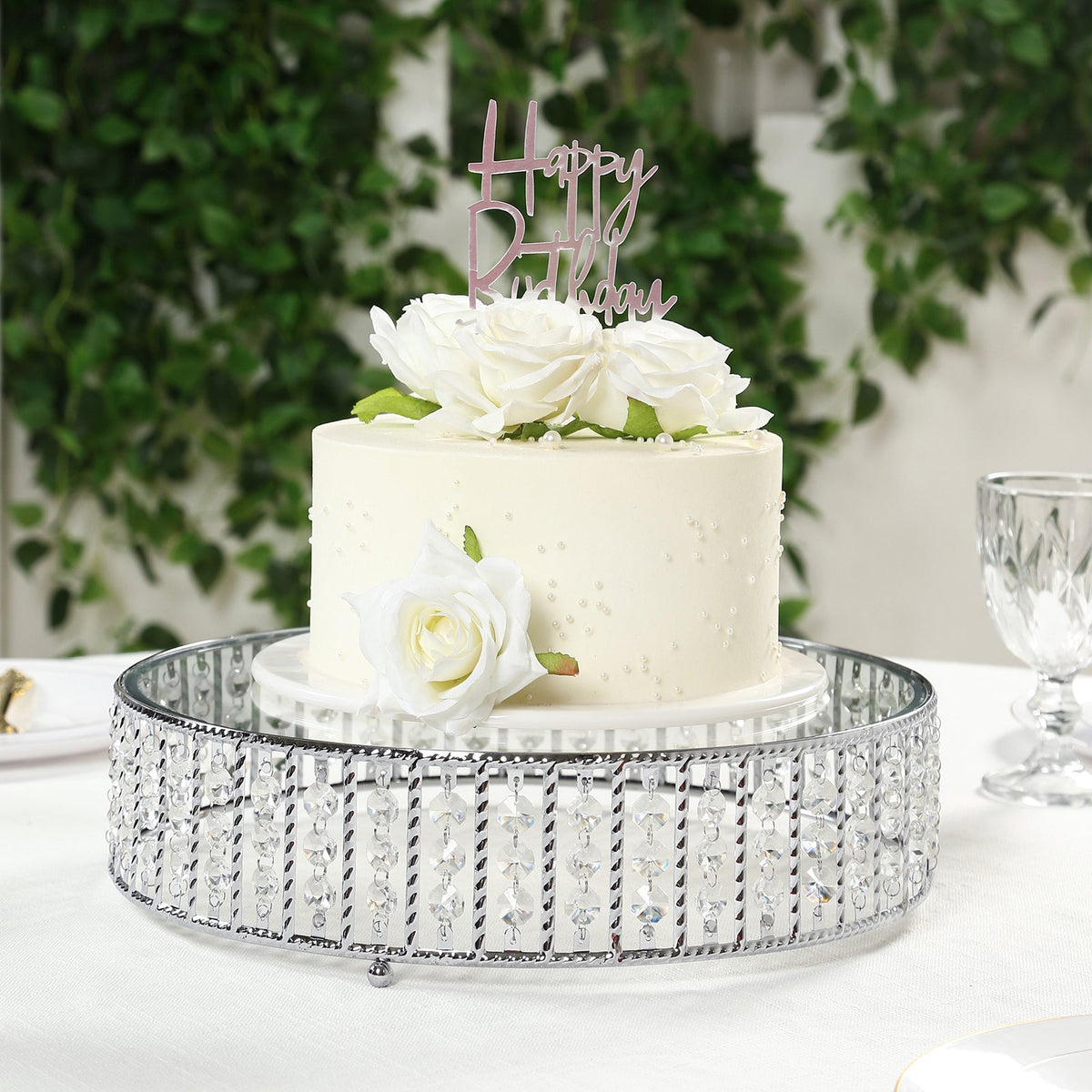14" Round Silver Cake Stand with Hanging Crystal Beads and Glass Top – Metal Dessert Display Tray