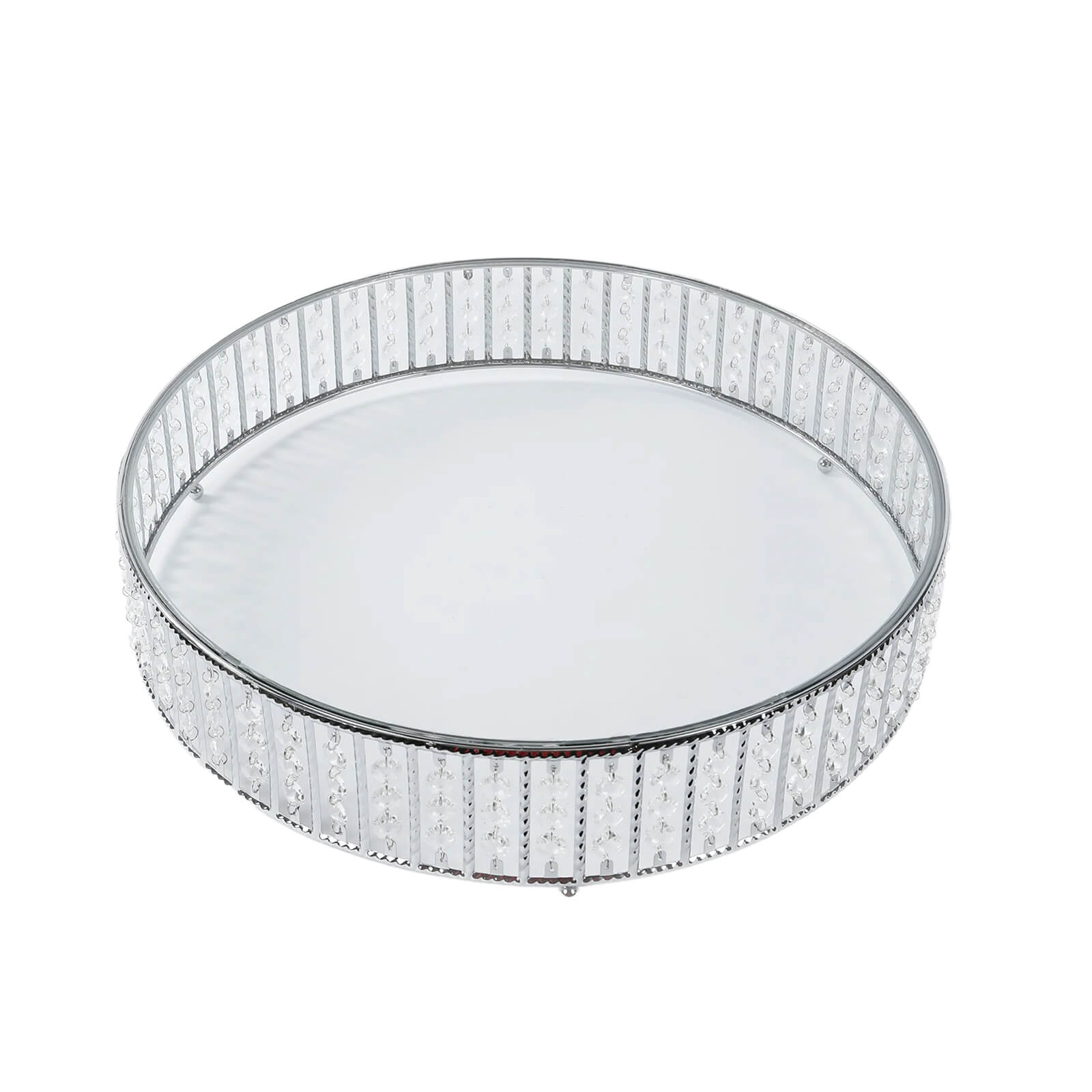 18" Round Silver Cake Stand with Hanging Crystal Beads and Glass Top – Metal Dessert Display Tray
