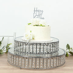 18" Round Silver Cake Stand with Hanging Crystal Beads and Glass Top – Metal Dessert Display Tray
