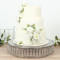 18" Round Silver Cake Stand with Hanging Crystal Beads and Glass Top – Metal Dessert Display Tray