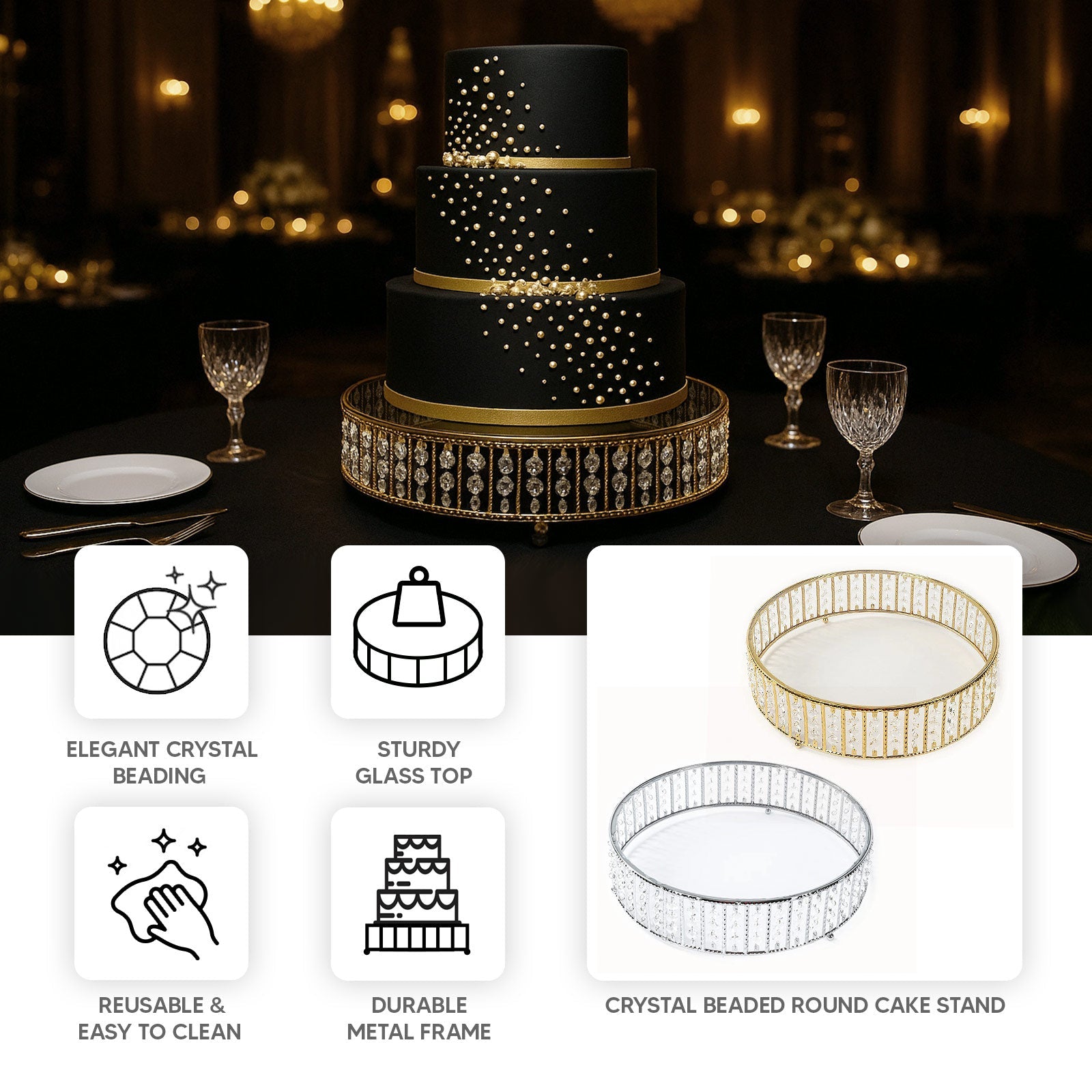 14" Round Gold Cake Stand with Hanging Crystal Beads and Glass Top – Metal Dessert Display Tray