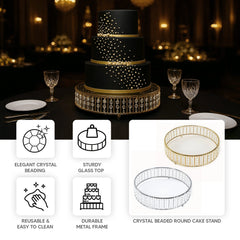 18" Round Gold Cake Stand with Hanging Crystal Beads and Glass Top – Metal Dessert Display Tray