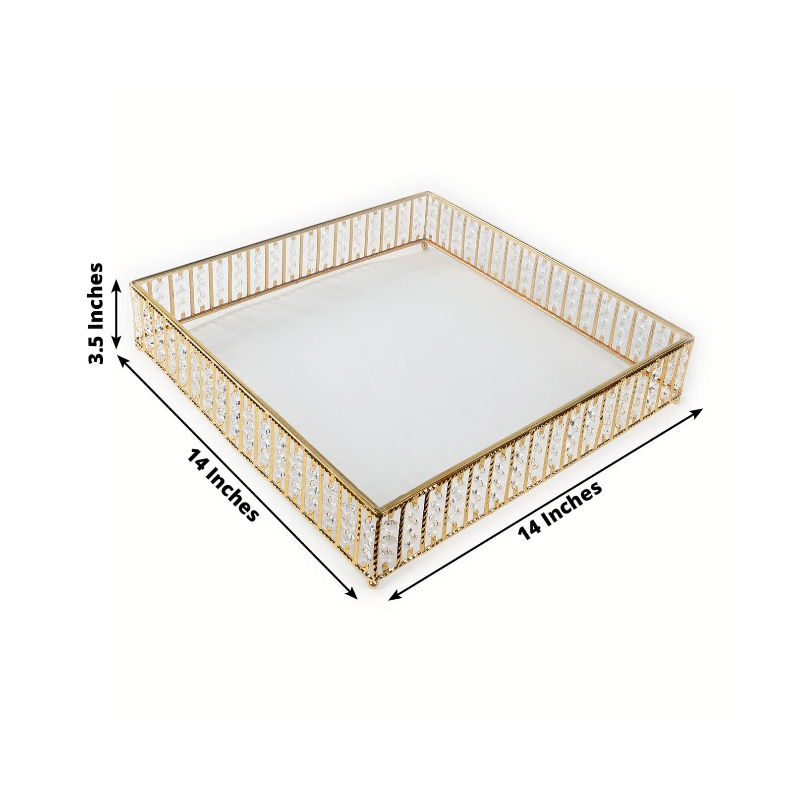 14" Square Gold Cake Stand with Hanging Crystal Beads and Glass Top – Metal Dessert Display Tray