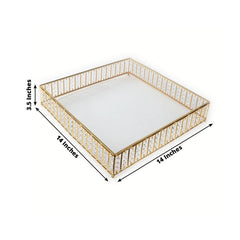 14" Square Gold Cake Stand with Hanging Crystal Beads and Glass Top – Metal Dessert Display Tray