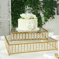 14" Square Gold Cake Stand with Hanging Crystal Beads and Glass Top – Metal Dessert Display Tray