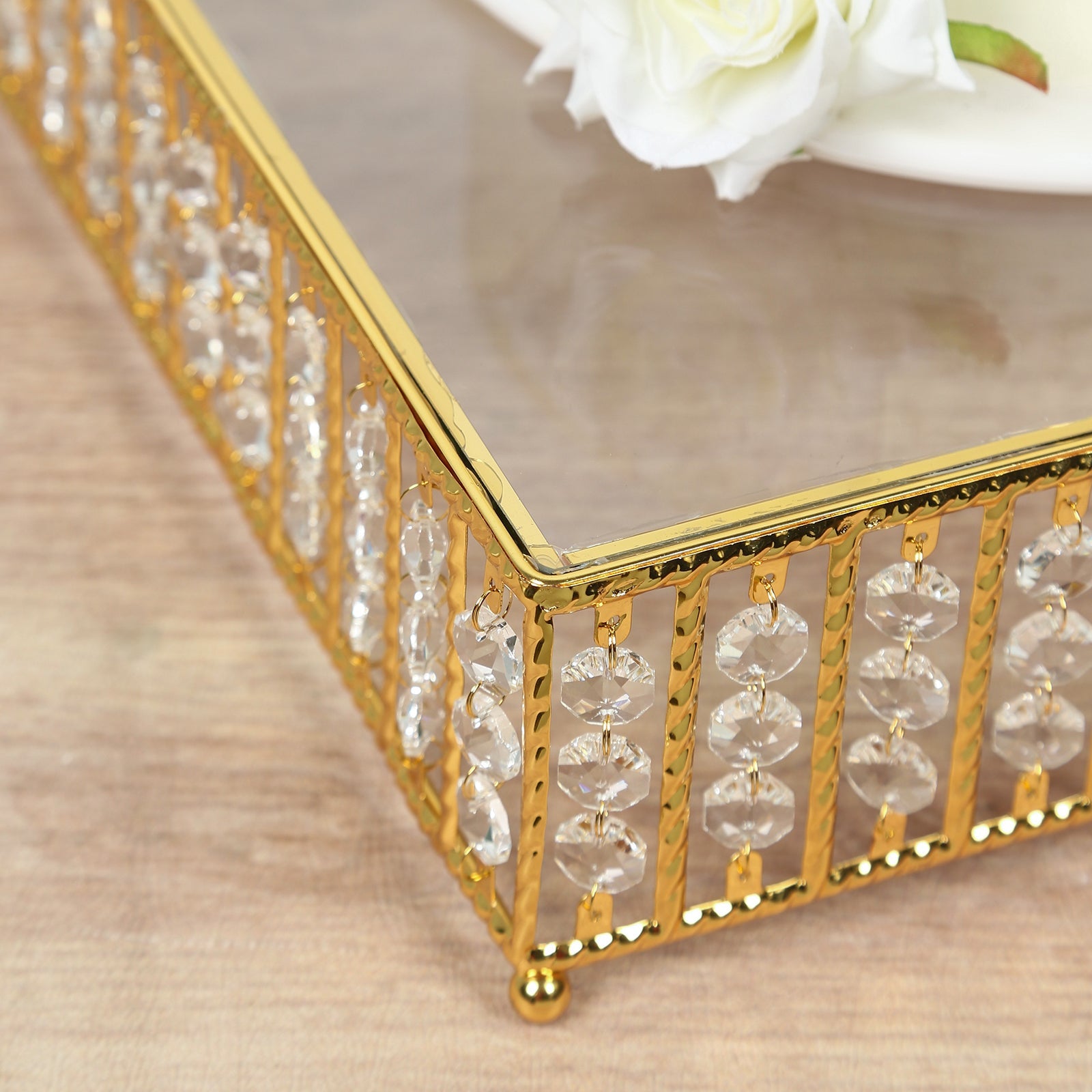 14" Square Gold Cake Stand with Hanging Crystal Beads and Glass Top – Metal Dessert Display Tray