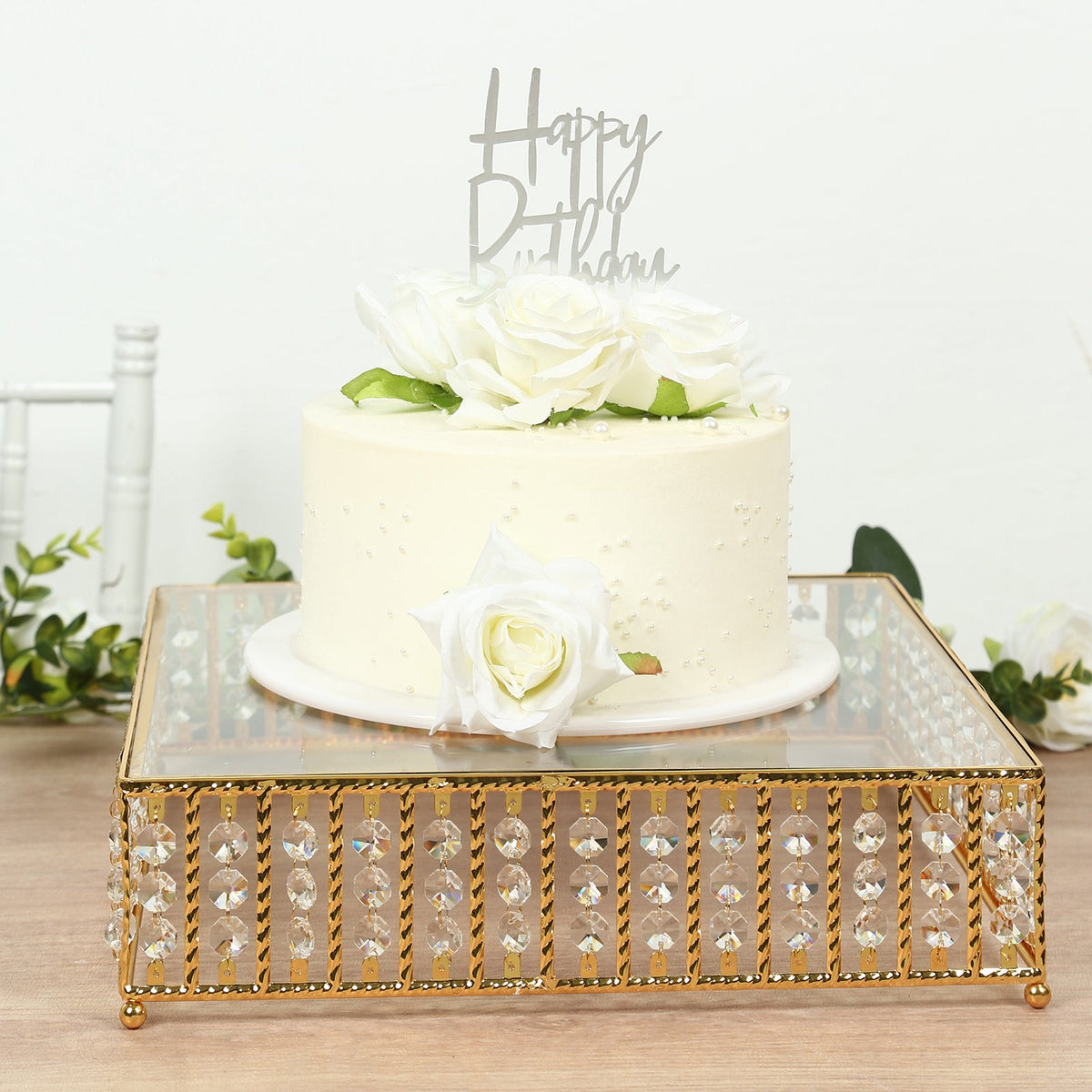 14" Square Gold Cake Stand with Hanging Crystal Beads and Glass Top – Metal Dessert Display Tray