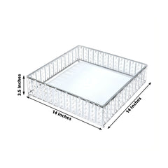 14" Square Silver Cake Stand with Hanging Crystal Beads and Glass Top – Metal Dessert Display Tray