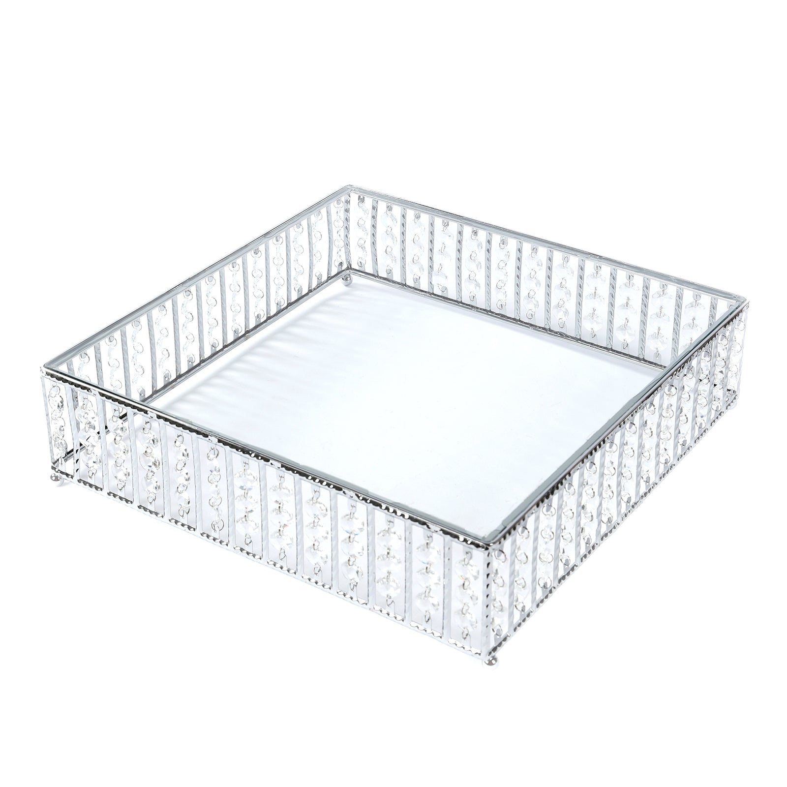 14" Square Silver Cake Stand with Hanging Crystal Beads and Glass Top – Metal Dessert Display Tray