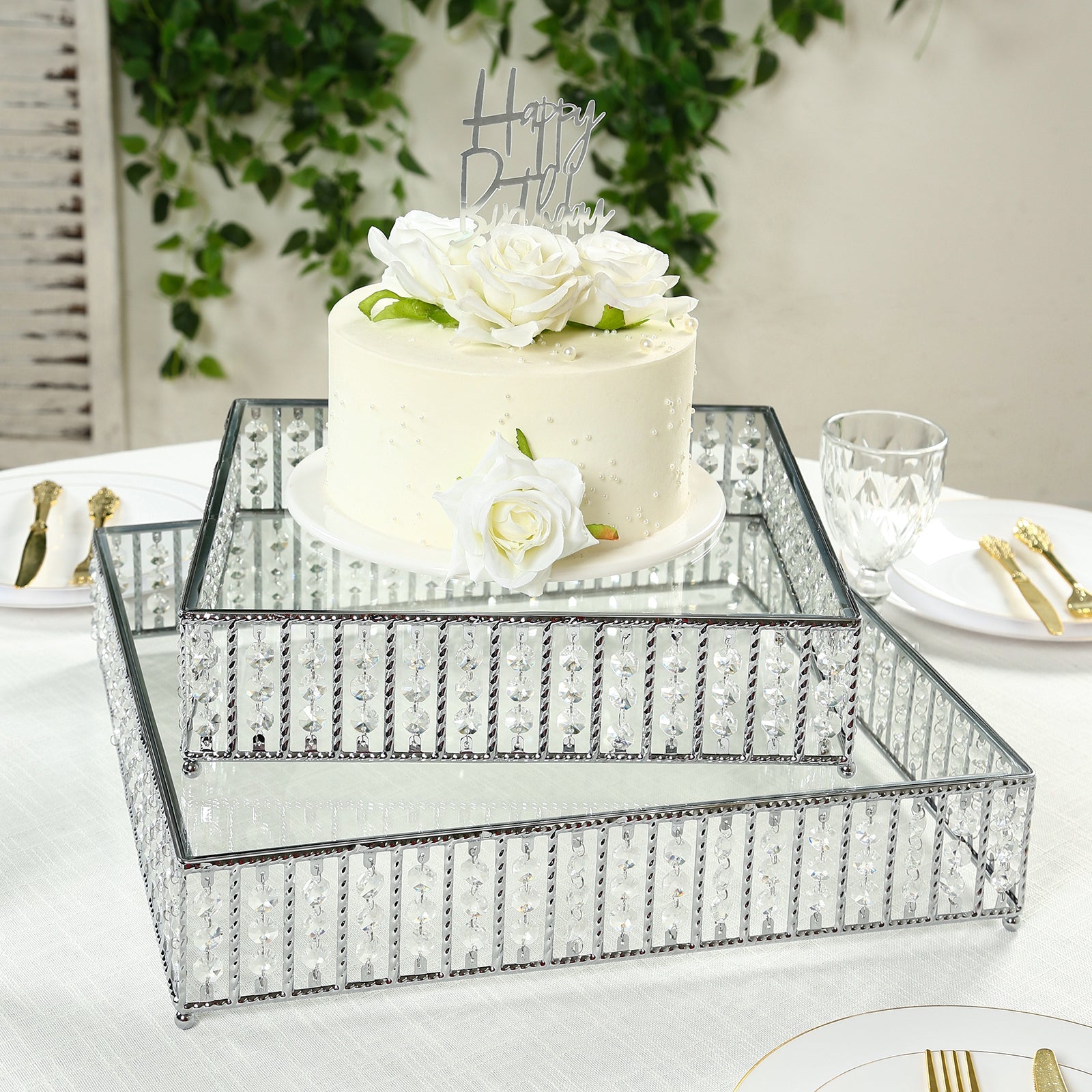 14" Square Silver Cake Stand with Hanging Crystal Beads and Glass Top – Metal Dessert Display Tray