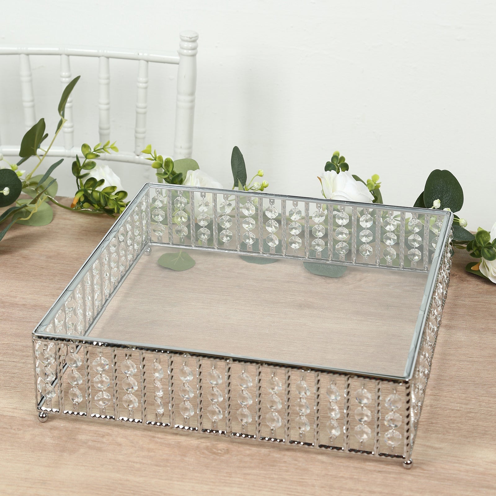 14" Square Silver Cake Stand with Hanging Crystal Beads and Glass Top – Metal Dessert Display Tray