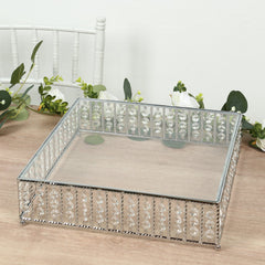 14" Square Silver Cake Stand with Hanging Crystal Beads and Glass Top – Metal Dessert Display Tray