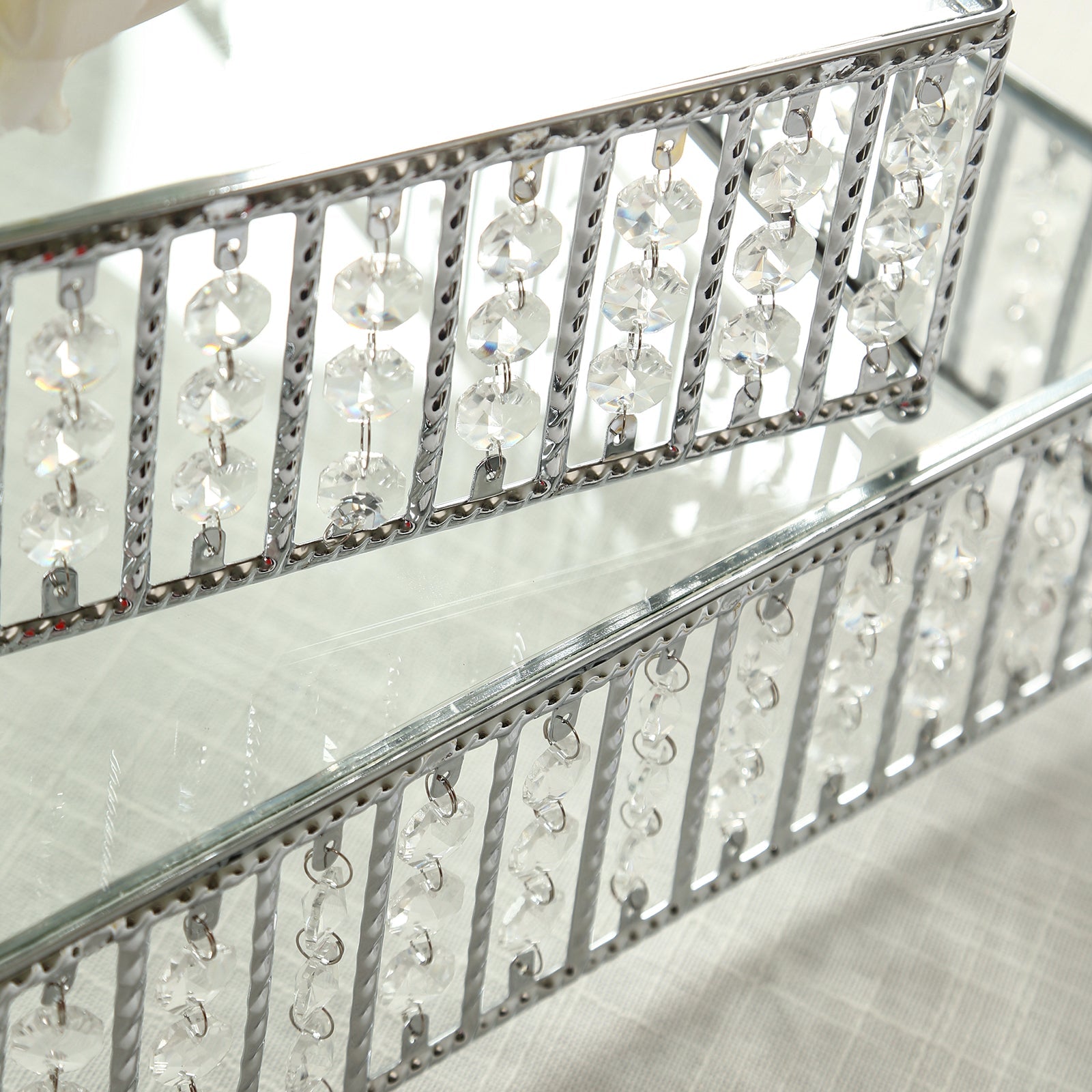 14" Square Silver Cake Stand with Hanging Crystal Beads and Glass Top – Metal Dessert Display Tray