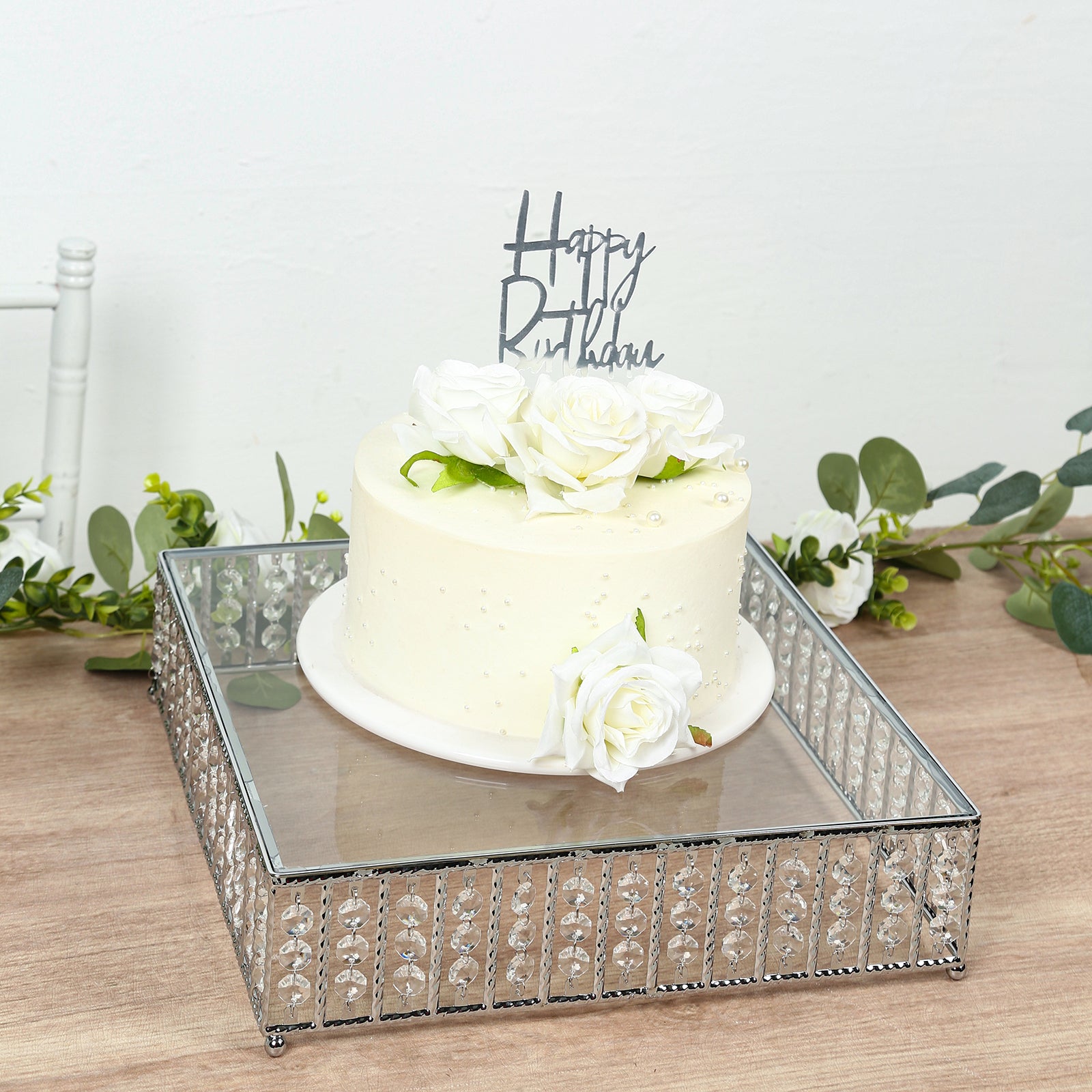 14" Square Silver Cake Stand with Hanging Crystal Beads and Glass Top – Metal Dessert Display Tray