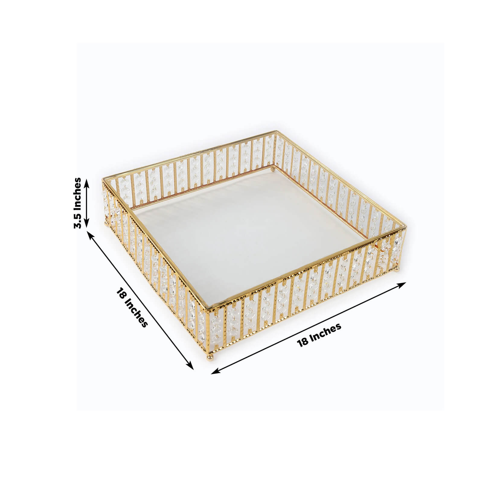 18" Square Gold Cake Stand with Hanging Crystal Beads and Glass Top – Metal Dessert Display Tray