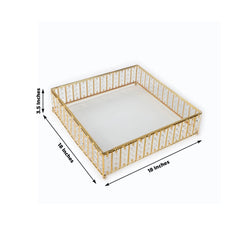 18" Square Gold Cake Stand with Hanging Crystal Beads and Glass Top – Metal Dessert Display Tray