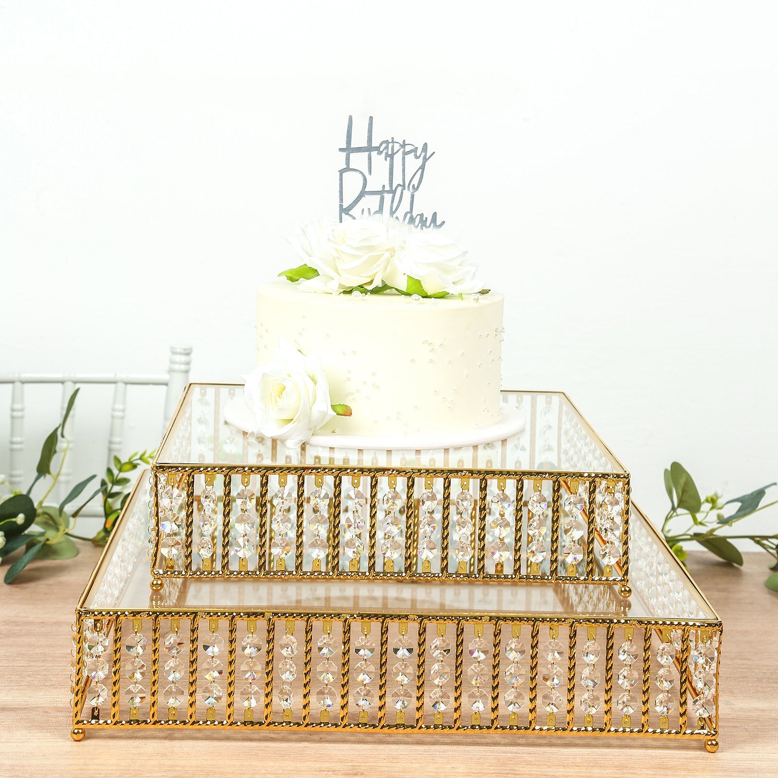 18" Square Gold Cake Stand with Hanging Crystal Beads and Glass Top – Metal Dessert Display Tray