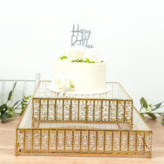 18" Square Gold Cake Stand with Hanging Crystal Beads and Glass Top – Metal Dessert Display Tray
