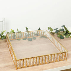 18" Square Gold Cake Stand with Hanging Crystal Beads and Glass Top – Metal Dessert Display Tray