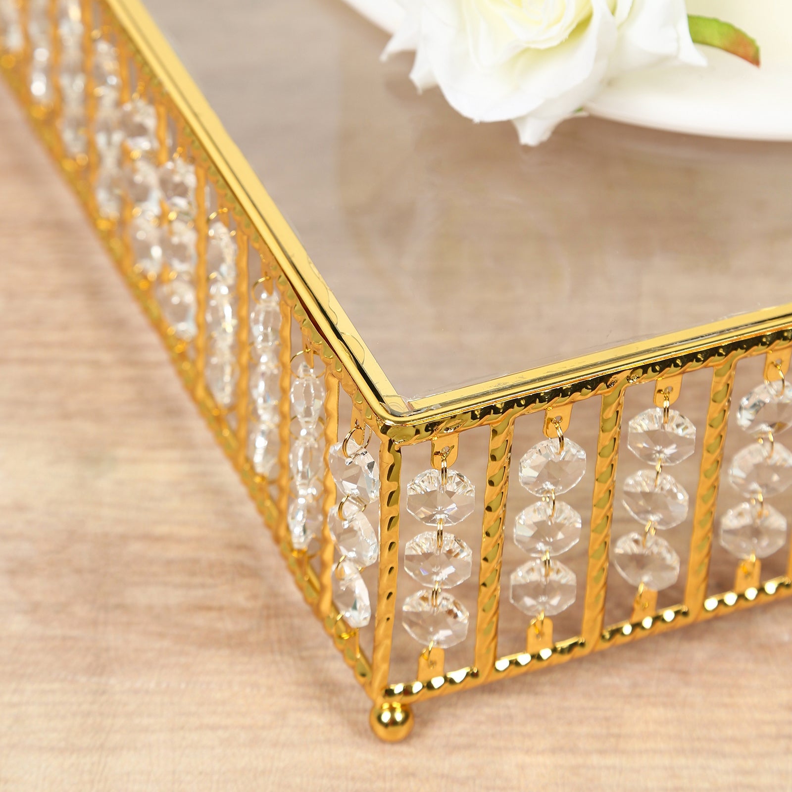 18" Square Gold Cake Stand with Hanging Crystal Beads and Glass Top – Metal Dessert Display Tray