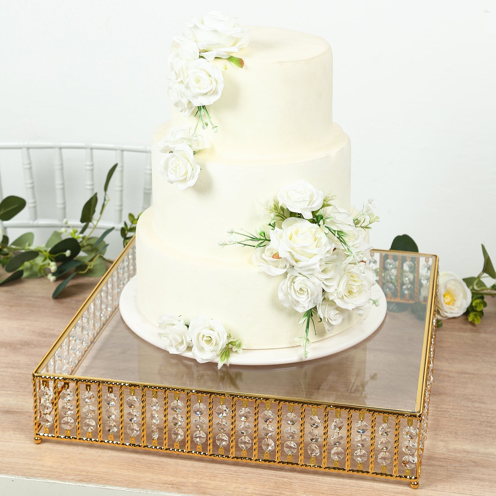 18" Square Gold Cake Stand with Hanging Crystal Beads and Glass Top – Metal Dessert Display Tray